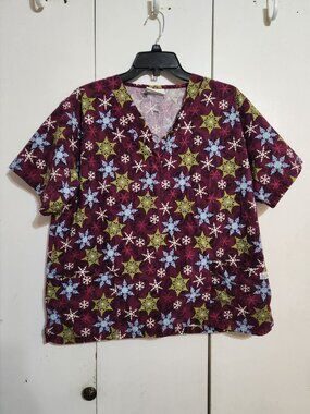 Vintage UA Scrubs Top Large L Purple Snowflake Paisley Print Short Sleeve V-Neck